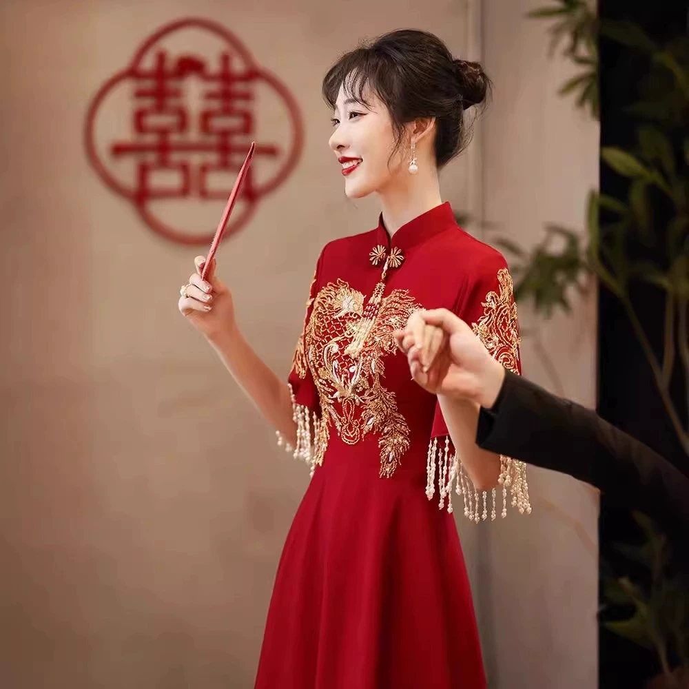 Cheongsam тост костюм невесты 2024 новый летний винно-красный возврат к двери повседневное платье