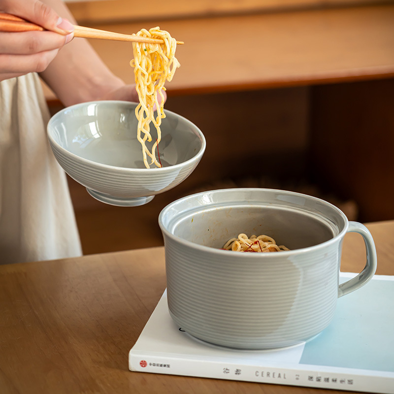 Ceramic Instant Noodle Bowl with Lid, Canteen Rice Bowl with Handle, Dormitory Student Instant Noodle Bowl, Household Tableware Soup Bowl
