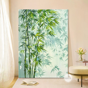 Green Bamboo Shadow Hand-Painted Oil Painting for Living Room Decoration, New Chinese Style Entrance Hanging Painting, Cream Style