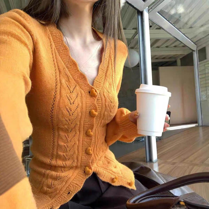 橘色镂空v领针织开衫女2025秋季新款高级感修身显瘦内搭打底上衣|undefined