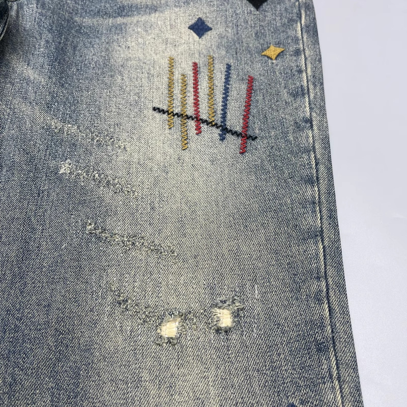 Men's Heavyweight Washed Distressed Denim Jeans Casual Tapered Straight Leg mid Waist Cotton Zipper Fly with Patches Embroidered Prints_mkmklike.com
