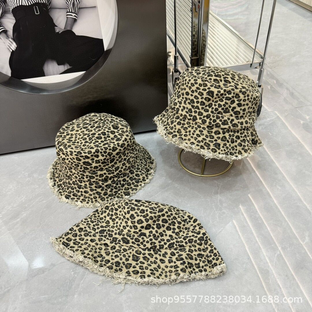 Japanese retro leopard print fisherman hat women's raw edge summer…