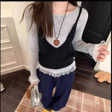 纯欲少女感穿搭套装女秋蕾丝边圆领长袖针织衫毛衣吊带背心两件套