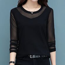 长袖蕾丝打底衫女春秋新款大码宽松韩版百搭外穿网纱恤衫潮