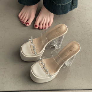 Rhinestone One-Line Waterproof Platform Transparent Sandals for Women Summer Outer Wear 2025 Summer New Crystal Thick Heel Super High Heels