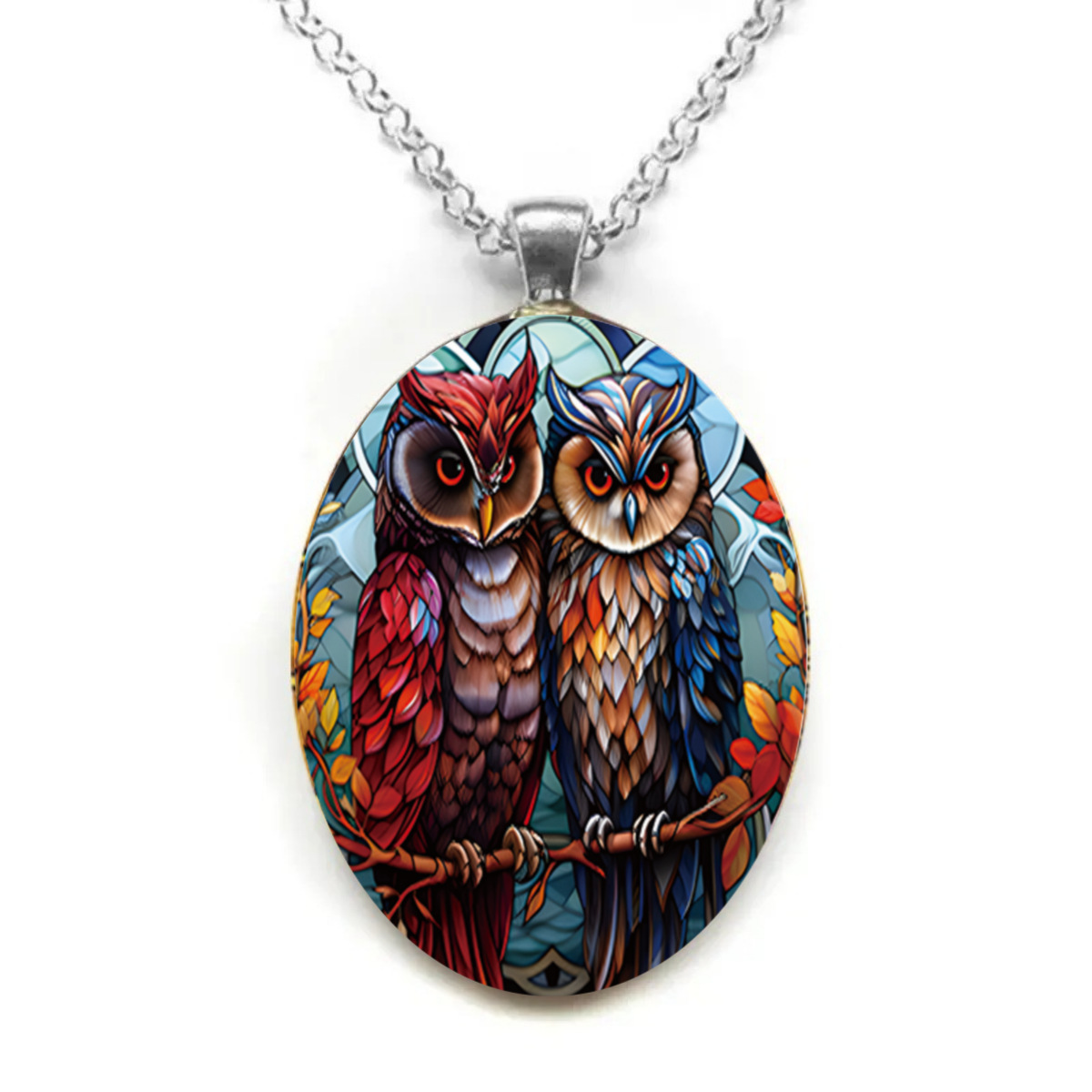 Oval glass pendant necklace with two parrot patterns