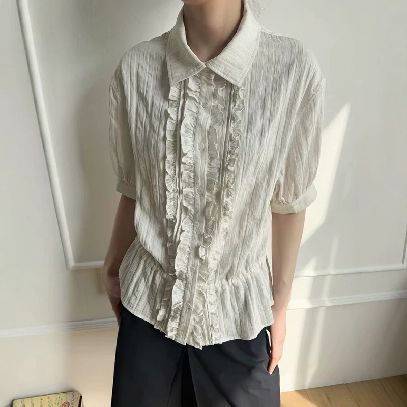 Linen Metallic Luster Texture Placket Pleated Lace-Up Hem Waist-Cinching Short-Sleeve Shirt