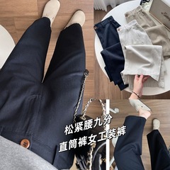 通勤极简高级风天丝棉休闲裤25秋季单扣松紧腰九分直筒裤女工装裤