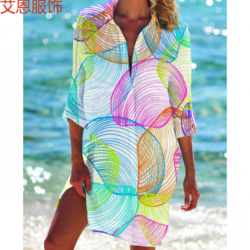 Foreign Trade Cross-Border New Bikini Jacket Shirt Swimsuit Cardigan Women's Printed Vacation Beach Shirt