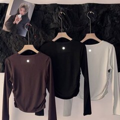 Luluねじ縦条allit takヨガ服長袖上着女性しわ丸首修身運動フィットネスtシャツ