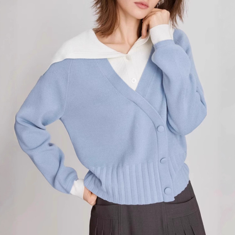 ELLE法式设计感假两件毛针织衫女2025春装新款拼接撞色软糯毛衣|undefined