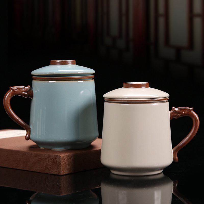 高档汝窑办公杯茶水分离泡茶杯男士陶瓷开片可养带盖过滤水杯礼盒
