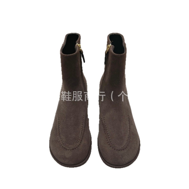 高端小众2025秋冬真皮圆头复古简约平底侧拉链显瘦短靴单靴裸靴女|undefined