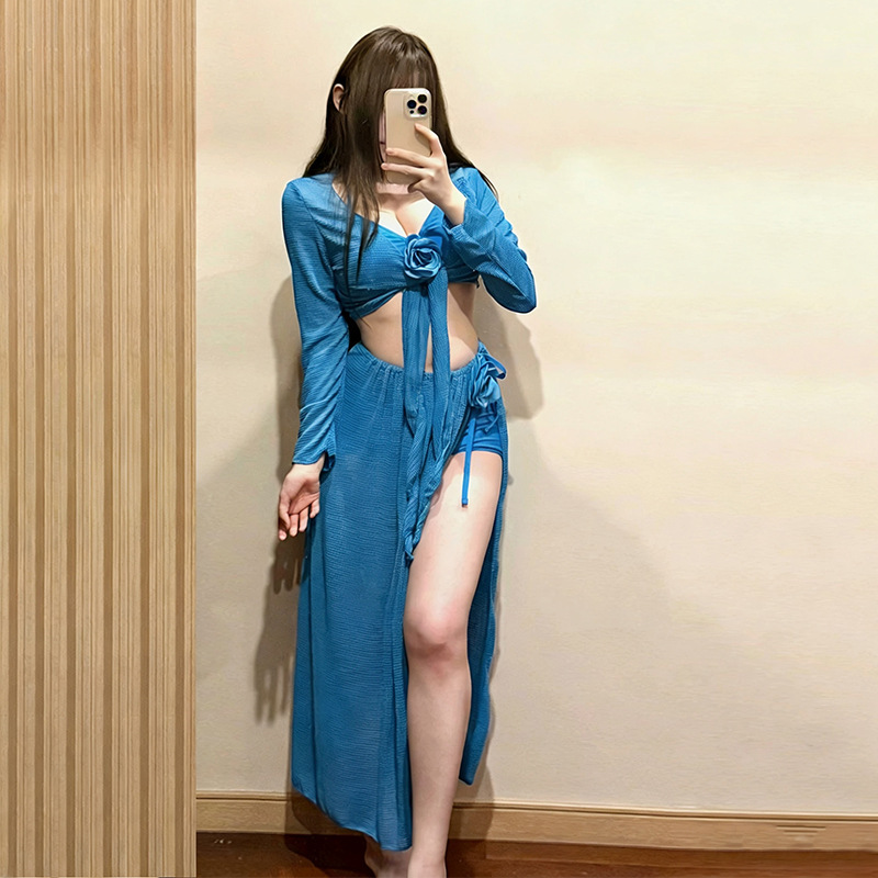 Plus-Size Women's Bikini Four-Piece Set with Long Sleeves and Long Pants, Solid Color, Sexy, for Slightly Chubby Girls, Suitable for Hot Spring Vacations