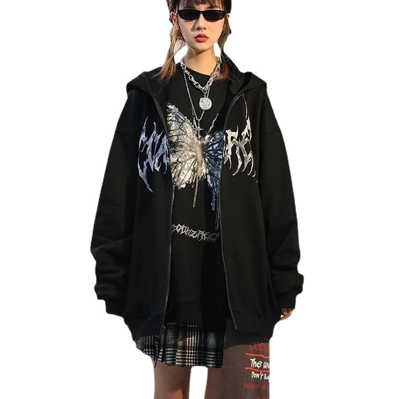Fleece-Sweatshirt mit Kapuze, Reißverschluss, Buchstaben- und Schmetterlingsprint, Damen-Stil 2021 - 1713_voghion.com
