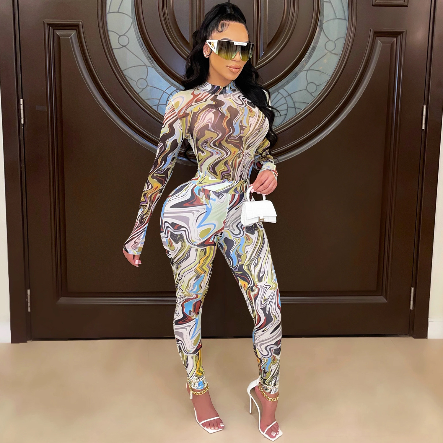 C5505 AliExpress amazonwish moda de mujer pintada pantalones de manga larga ajustada malla de perspectiva de dos piezas