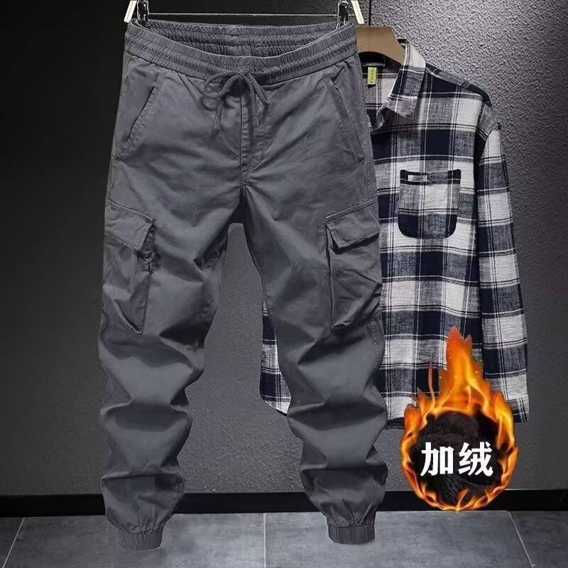 Fleece-Lined Multi-Pocket Cargo Pants for Men, Trendy Loose Fit, Autumn and Winter Jogger Wide-Leg Pants, Plus-Size Trendy Long Pants for Men