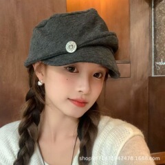 2025年新款褶皱银标宽松贝雷帽子女早秋透气八角帽休闲百搭画家帽