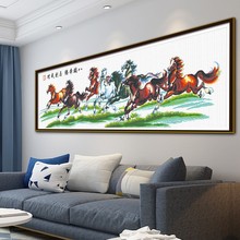 跨境代发八马图十字绣绿草地版马到成功八骏奔腾客厅书房装饰刺绣