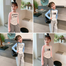 春秋女童装长袖T恤宝宝洋气儿童个性潮牌韩版拼色字母修身打底衫