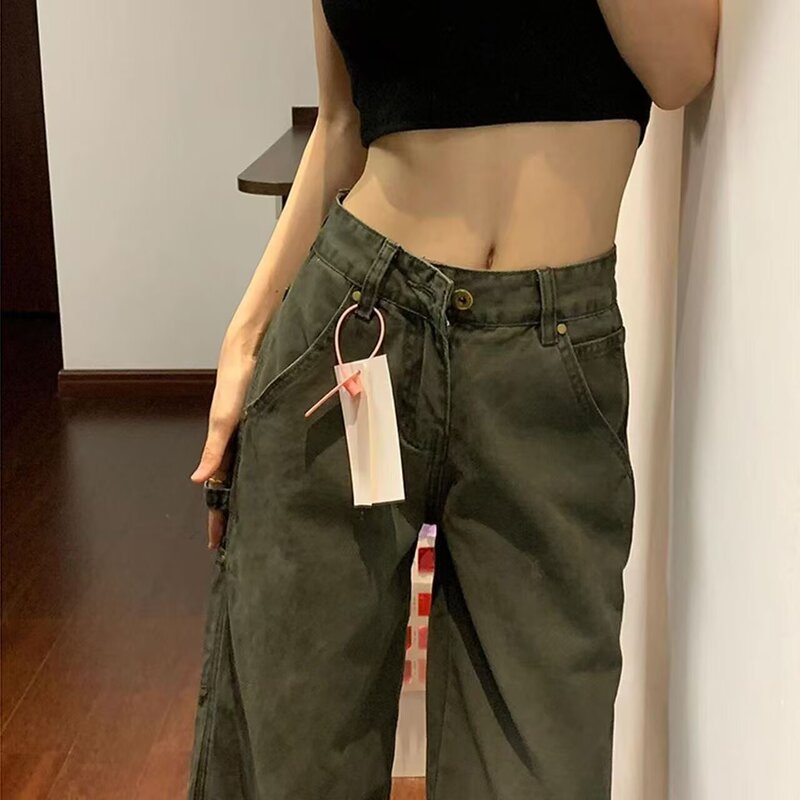 美式军绿色工装裤女生新款多口袋复古休闲阔腿宽松直筒微喇牛仔裤|undefined