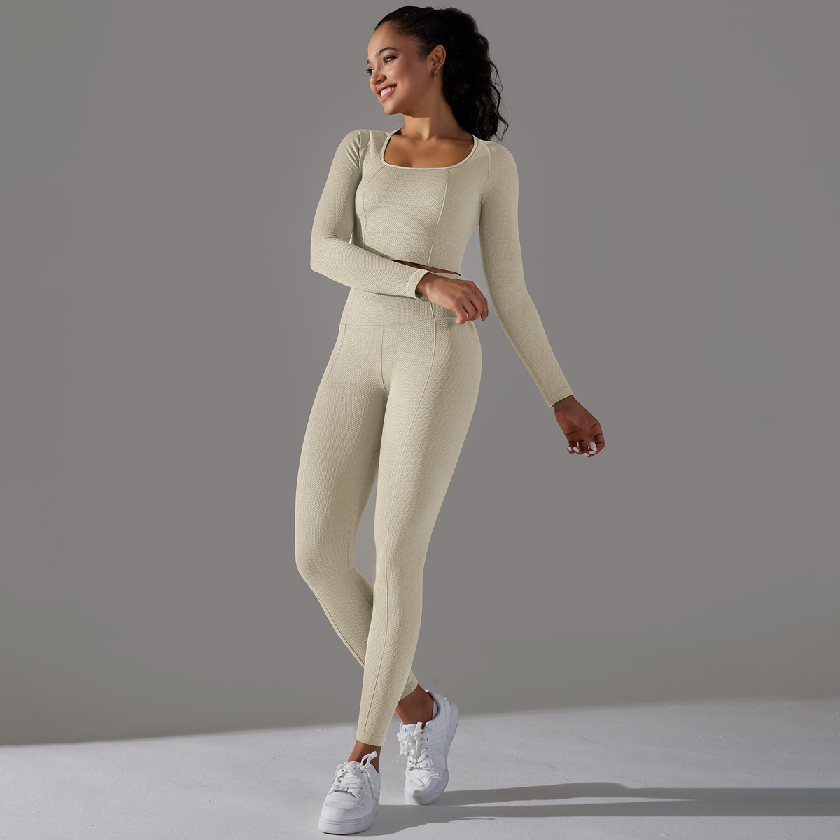 Women's Jacquard Yoga Dress Long Sleeve Suit High Waist Hip Tights Fitness Sportswear_voghion.com