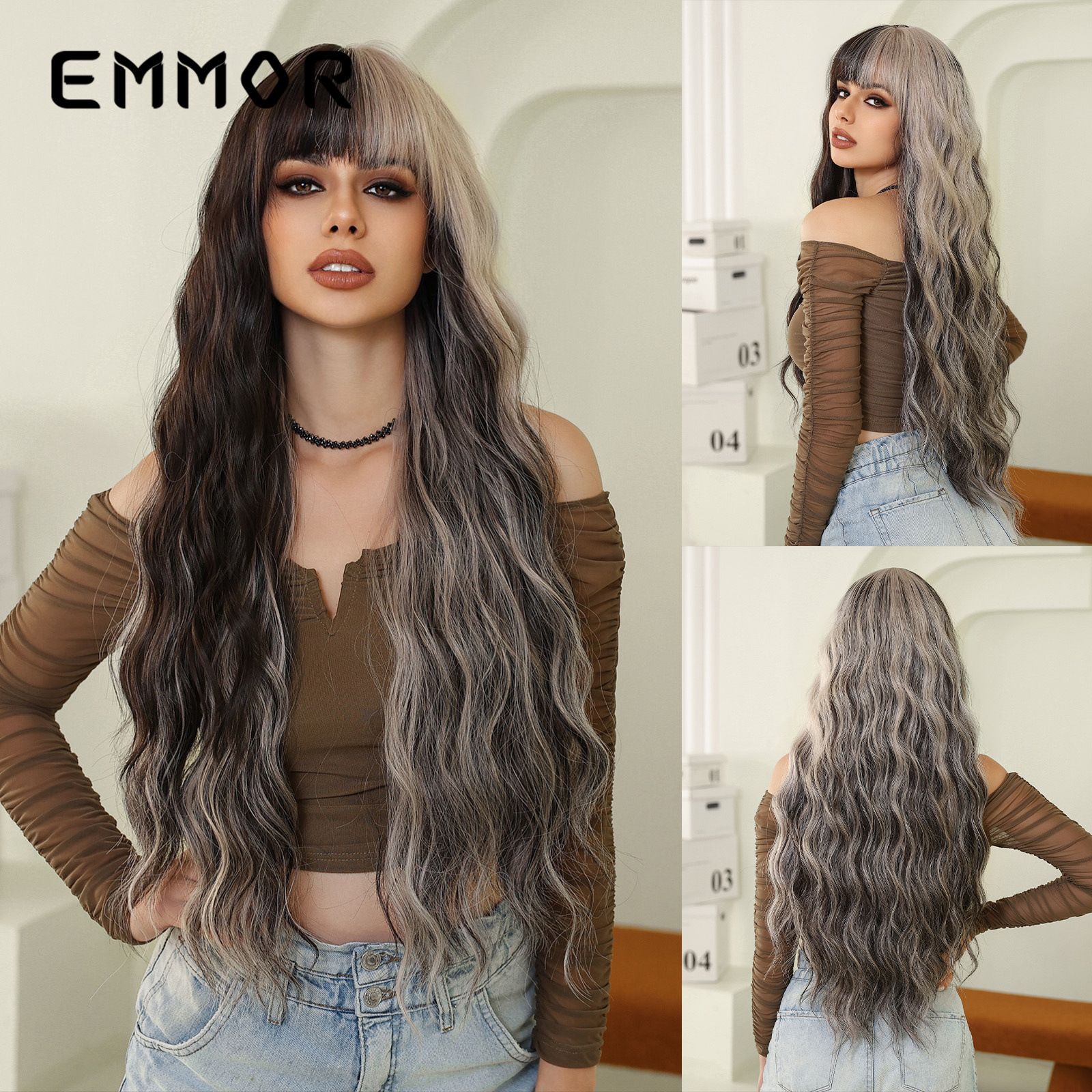 Amazon Shein Comercio exterior transfronterizo nuevo cos peluca Bangs gradiente beige teñido Rosa moda largo cabello rizado