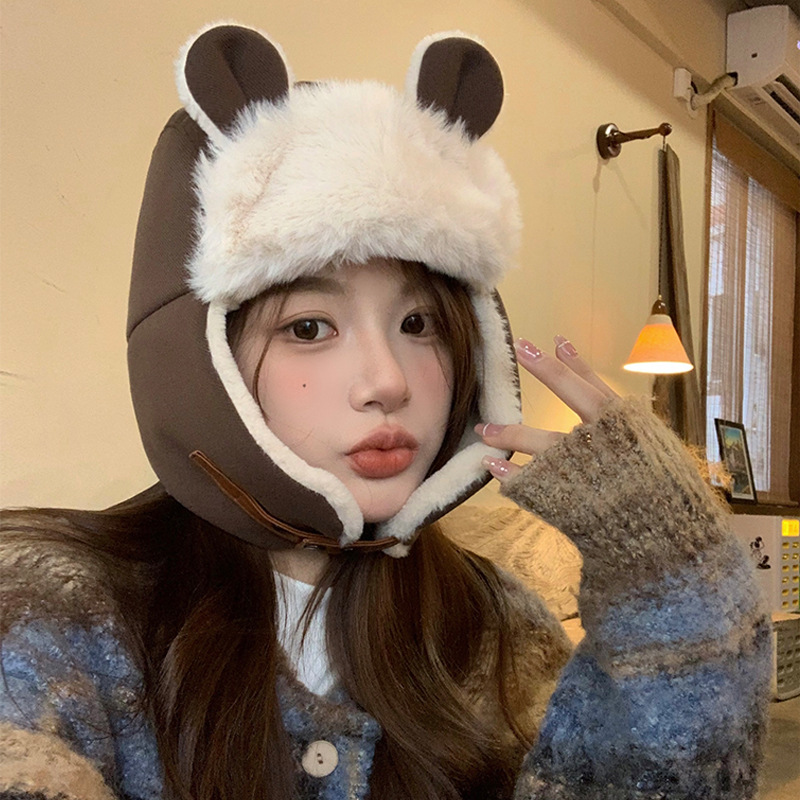 Japón lindos osos gorro de orejas gorro de invierno mujer calentamiento grueso gorro de rayo de vello para montar gorra de algodón de esquí a prueba de viento