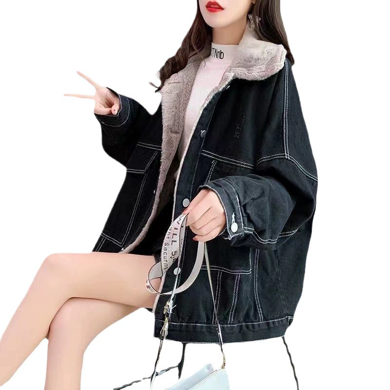 Джинсовая куртка, oversize корейского стиля, с плюшевой подкладкой, тёплая