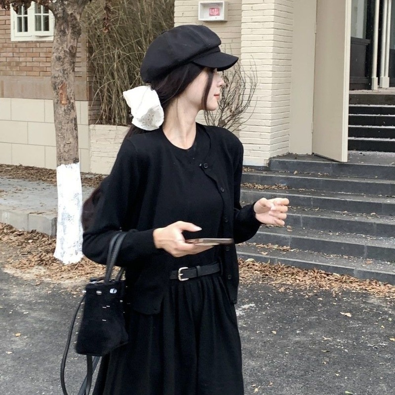温柔气质韩系套装女秋冬季新款纽扣宽松开衫高腰针织背心裙两件套|undefined