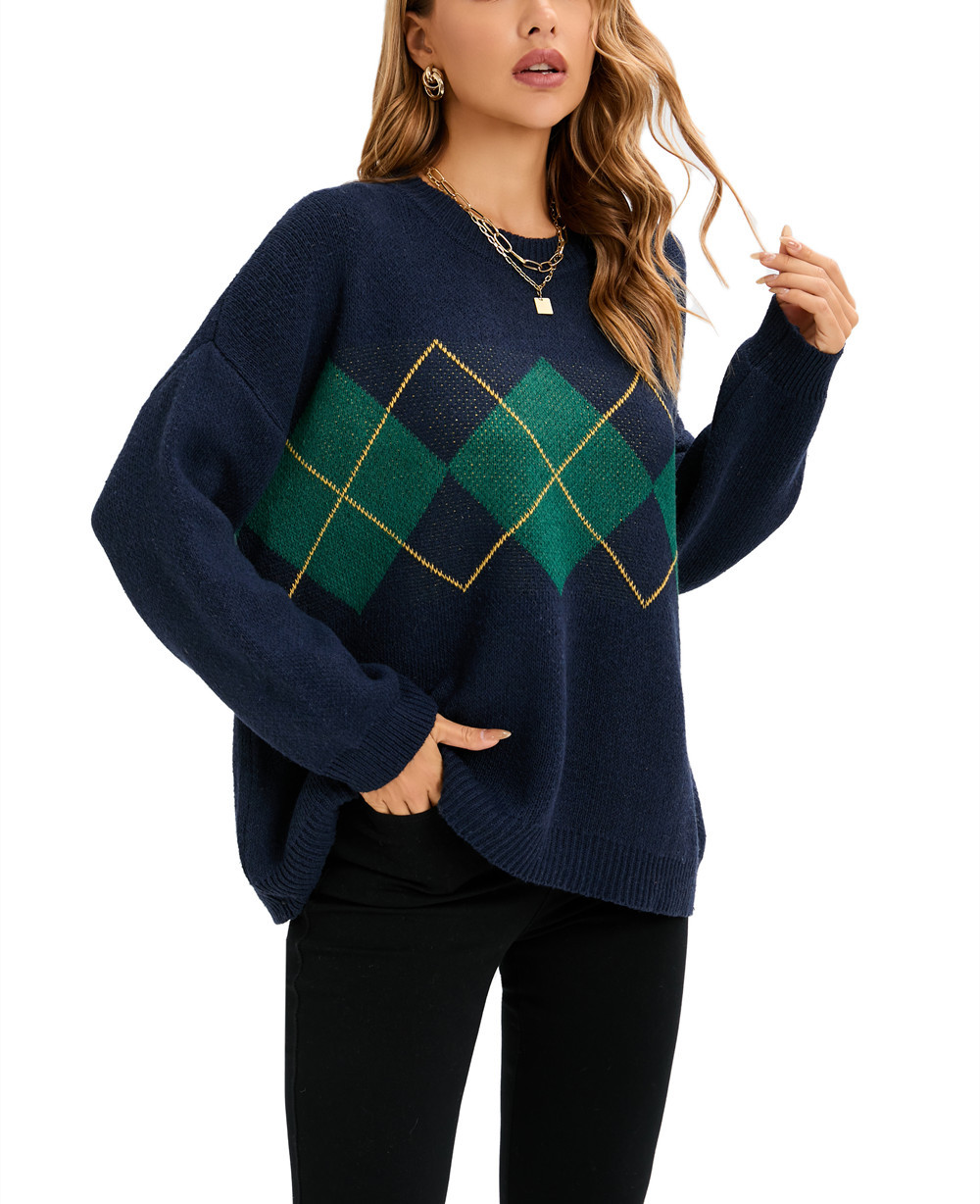 rhombus plaid loose round neck bat sleevpullover sweater NSZXS136544