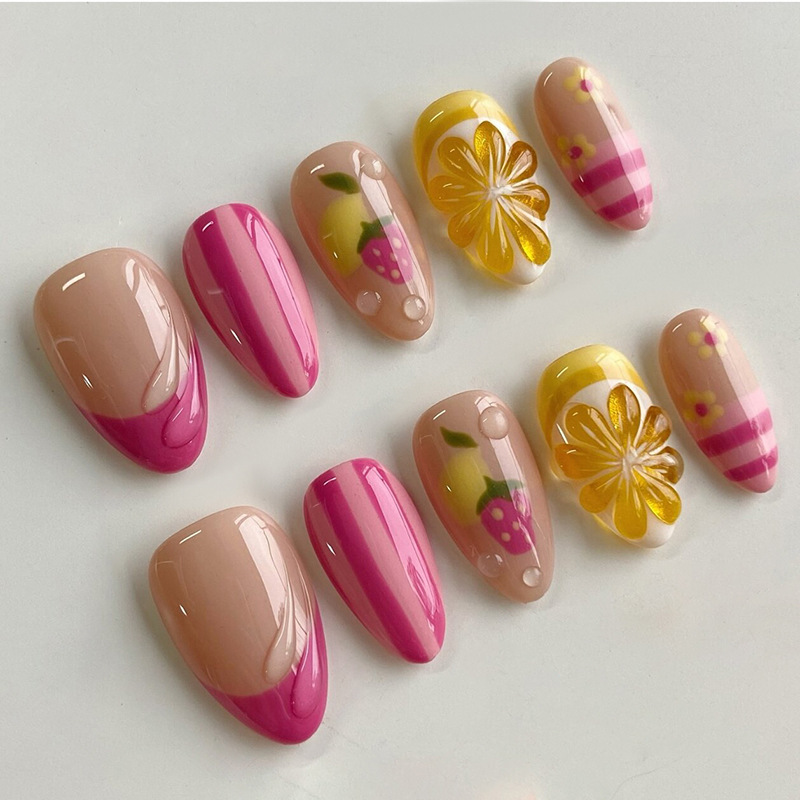 Foreign Trade Stereo Fresh Strawberry Lemon Stripesd French Detachable Manicure 24 Pieces Press on Nails