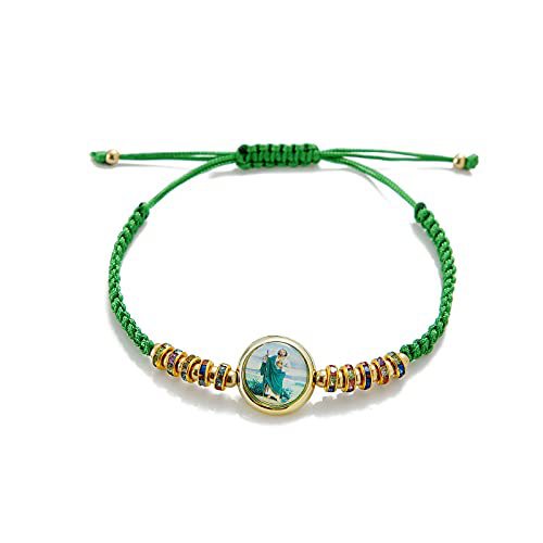 Saint Benedict Religious Rosary Bracelet with Green Flat Knots, Featuring Virgin Mary and Saint Jude in White, Green, and Red Designs