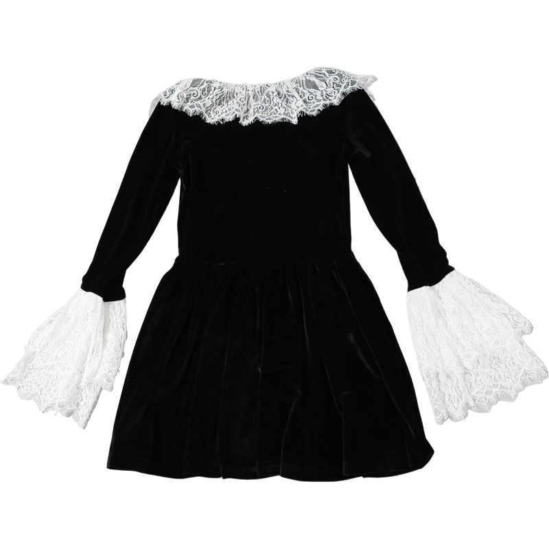 Women Clothing Autumn Winter French Square Collar Lace Bell Sleeve Dress Women