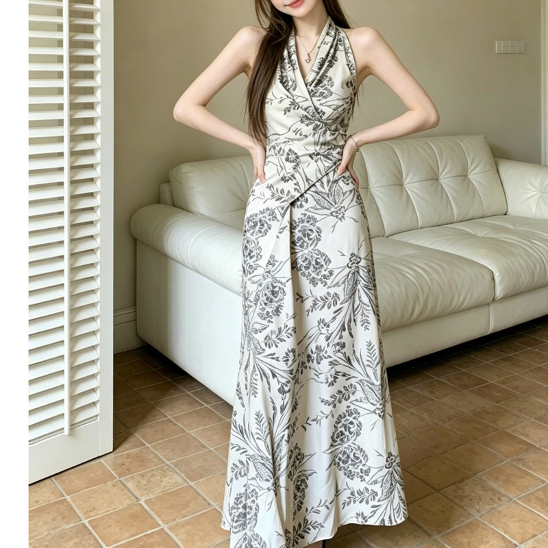 Summer New Fashion Holiday Style Cool Printed Cross-Tie Halter Neck Ink Painting Sleeveless Long Dress for Women