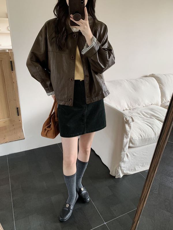 秋季复古高级感圆领皮衣外套宽松休闲夹克小个子短上衣女|undefined