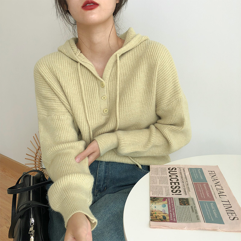 Suéter de mujer invierno / otoño abrigo temperamento de alto nivel japonés / coreano relajado chaqueta de viento con correa de correa variada camisa de punto con capuz image 5