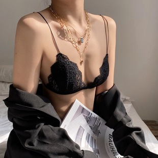 French Triangle Cup Beautiful Back Front Buckle Small Chest Underwear Women's Ultra-thin Summer Lace Pure Strap Bra