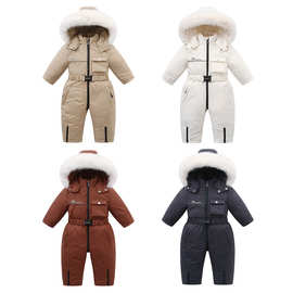 跨境连帽特厚加绒儿童滑雪服连体衣2024冬季童装宝宝爬服加厚保暖