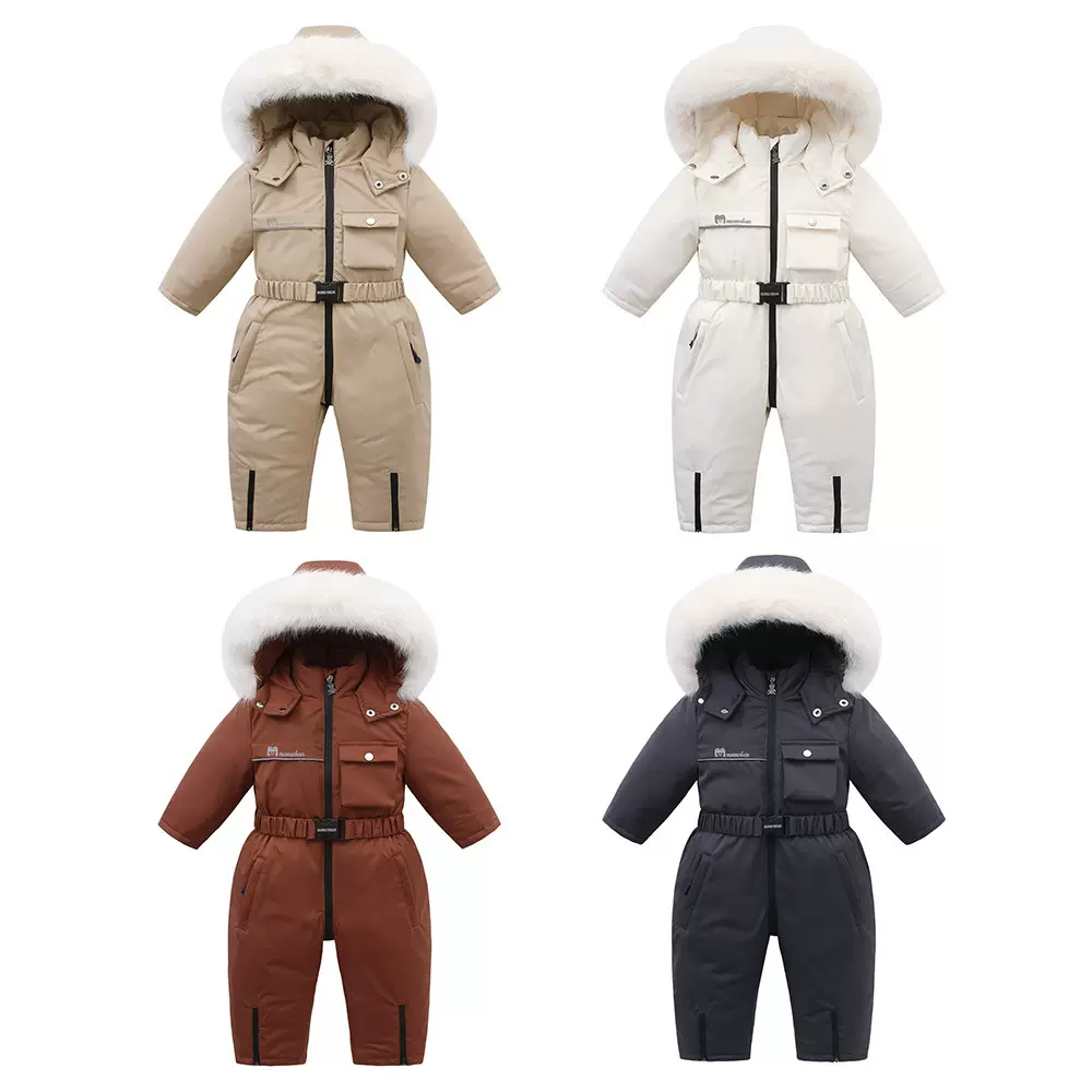 跨境连帽特厚加绒儿童滑雪服连体衣2024冬季新款童装宝宝爬服
