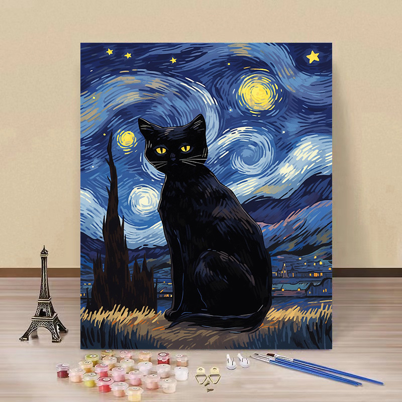 Pintura por números “Gato Estrellado” — arte DIY de fábrica al por mayor, estilo Van Gogh, flores y paisajes hechos a mano