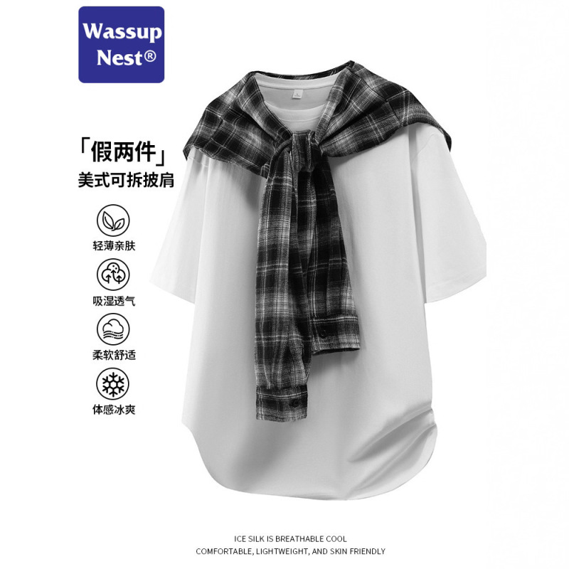 Wassup American Street Style Detachable Shawl Ice Silk Short-Sleeved T-Shirt Summer Thin Trendy Brand Casual T-Shirt Wassup American Street Style Detachable Shawl Ice Silk Short-Sleeved T-Shirt Summer Thin Trendy Brand Casual T-Shirt