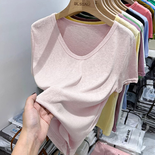 Korean-style V-neck white casual short-sleeve women's snow cotton 2025 summer new loose hide fat slimming top