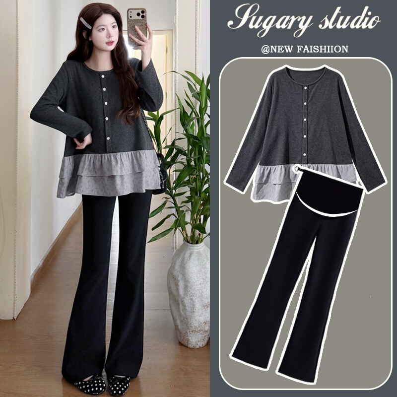 2026 Autumn Maternity Top with Simple Patchwork and Ruffle Trim, Babydoll Blouse + Slightly Flared Maternity Pants