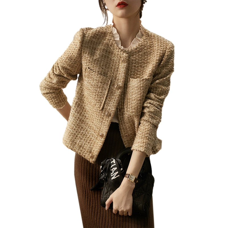 Модная осенняя ретро-куртка с круглым воротом, slim fit, стиль Chanel, элитная