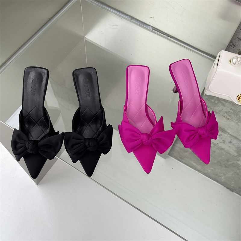 French High Heel Niche Toe Bow Sandals Fairy Shoes New Summer Fine Heel Pointed Slippers