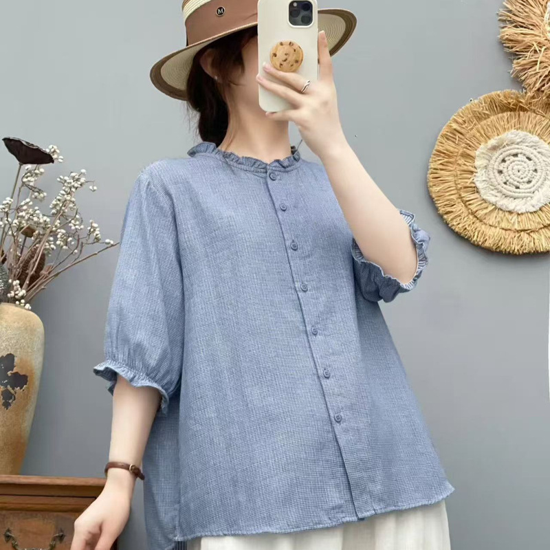 Summer New Style Short-Sleeved Women's Shirt with Ruffled Collar, Loose Casual Korean Style Plaid Blouse, Thin Version