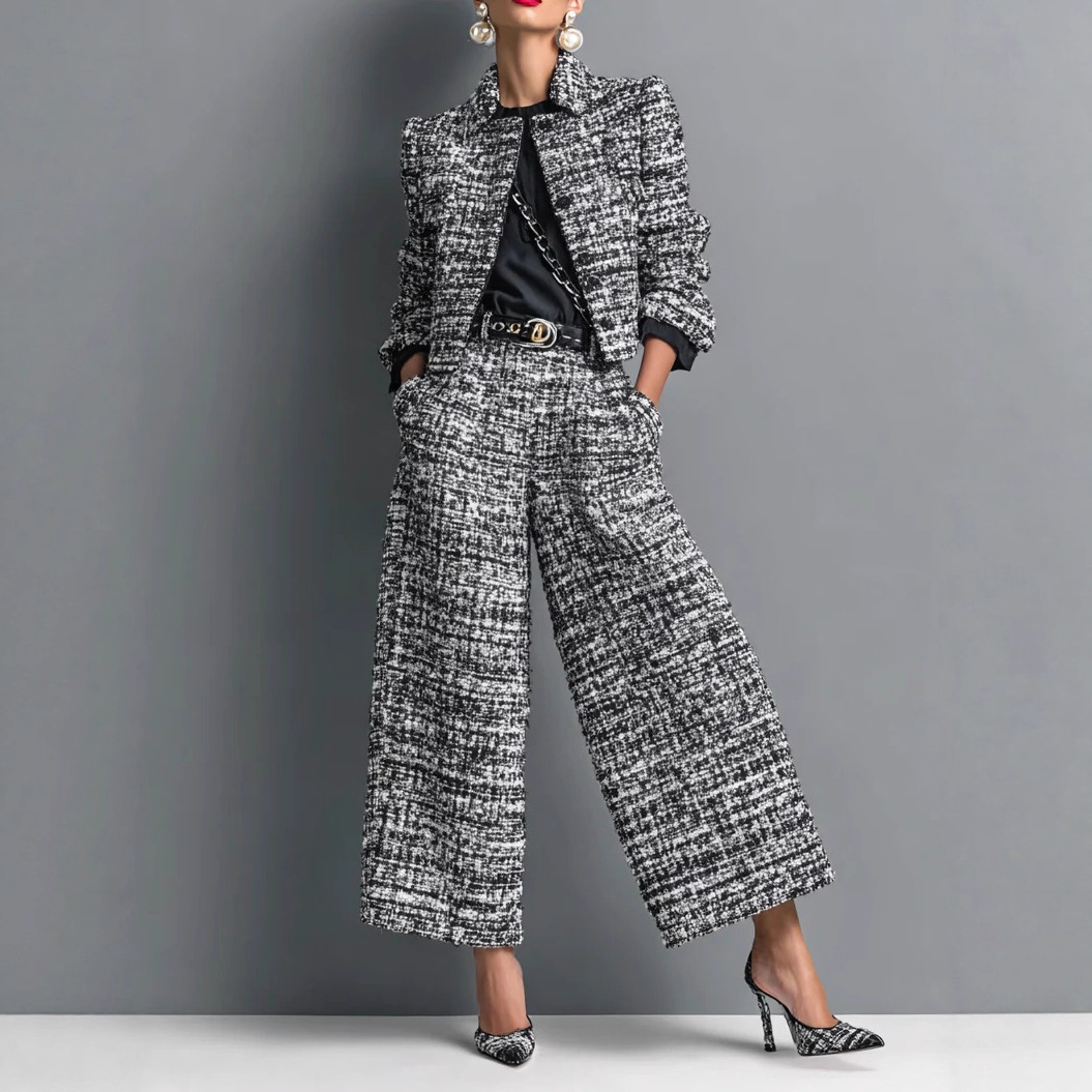 2025 Cross-Border European and American New Style Lapel Slim Women's European and American Style Long-Sleeved Short Jacket with Wide-Leg Pants Suit