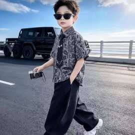 男童2026新款腰果花短袖衬衫套装帅气男童夏装防蚊裤帅气中大童棉