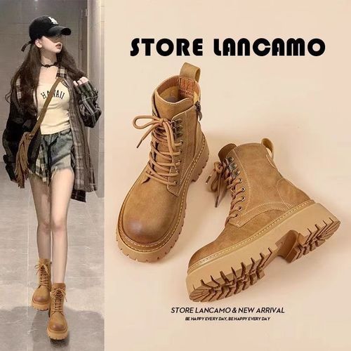 Women's Fleece Lined Martens 2024 Spring and Autumn New Brown Height Increasing Work Western Cowboy Boots with Thick Soles Hot Sale Winter